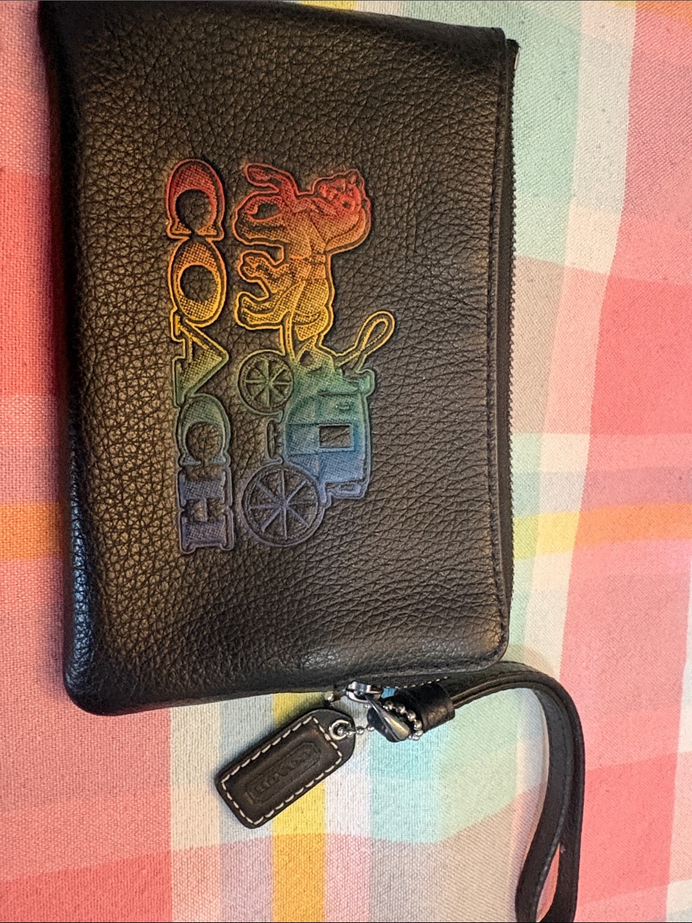 Coach Black Leather Wristlet with Rainbow Coach Logo Embossing